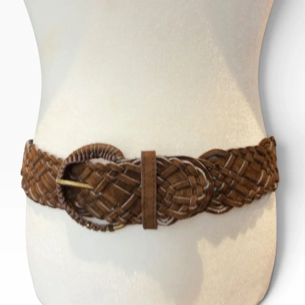 Brown Braided Belt Womens Size 3 Wide Woven Boho Hippie 70s Style Suede Look 39